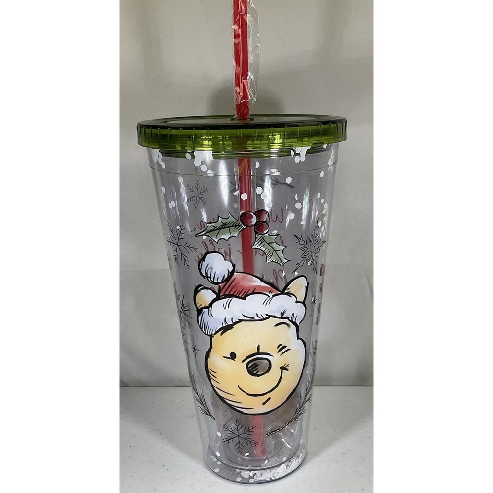 Disney Winnie The Pooh Christmas Large Plastic Tumbler With Straw And Snow